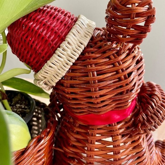 Adorable Vintage Wicker Bear Planter, Rattan Christmas Planter - Picture 3 of 5